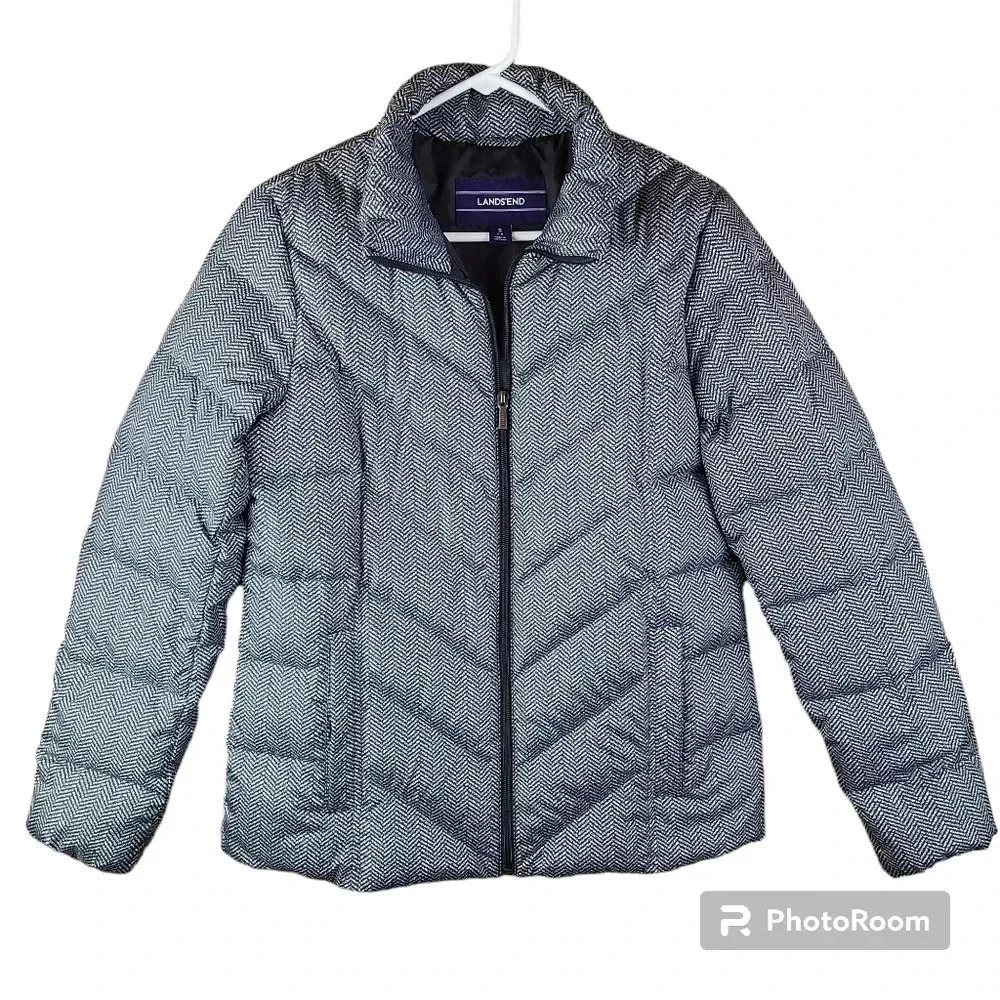 Lands' End black and grey Chevron puffer coat